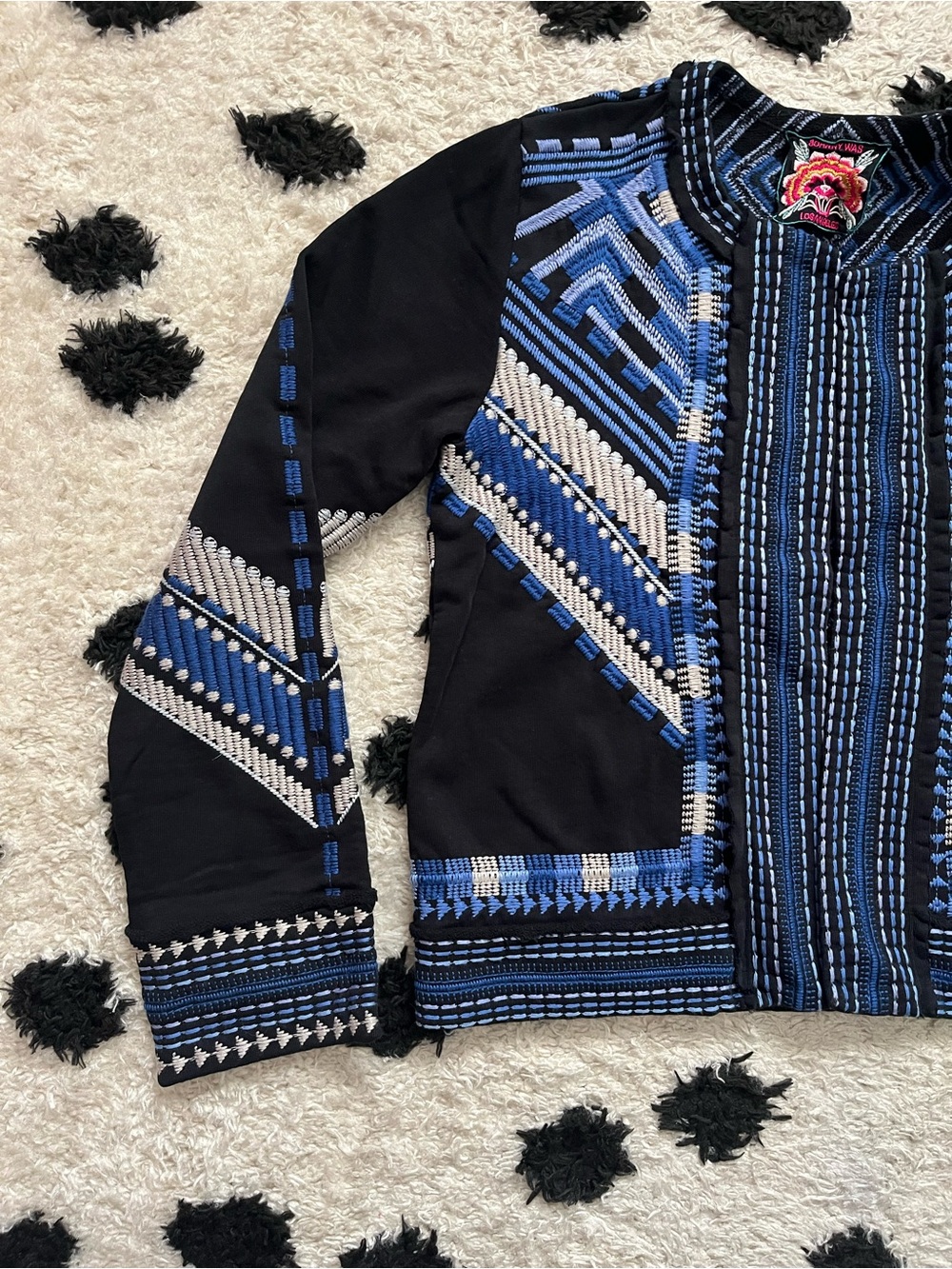 Johnny Was sz Small french Terry mixed media embroidered blue no button jacket - Picture 3 of 16